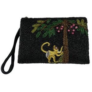 Hand-Beaded Unique Monkey Tropical Coconut Tree Embroidered Clutch Coin Wallet